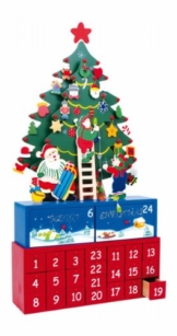Adventskalender aus Holz, detaillierte Holzelemente, besonders große Türchen an Nikolaus und Heiligabend -