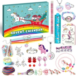 iZoeL Adventskalender Einhorn 2021 Weihnachtskalender Mädchen 24 tolle Überraschung Schmuck Schreibwaren Haarreifen Kalender ab 3 Jahre - 1